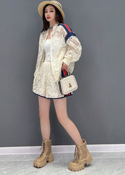 French White Zipper Patchwork Lace UPF 50+ Coat Jacke und Shorts zweiteiliges Set Sommer