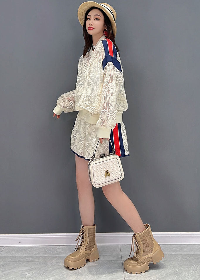 French White Zipper Patchwork Lace UPF 50+ Coat Jacke und Shorts zweiteiliges Set Sommer