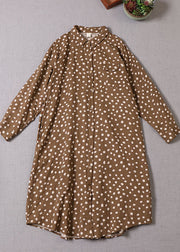 French Yellow Brown Button Dot Print Cotton Dress Spring