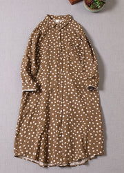 French Yellow Brown Button Dot Print Cotton Dress Spring