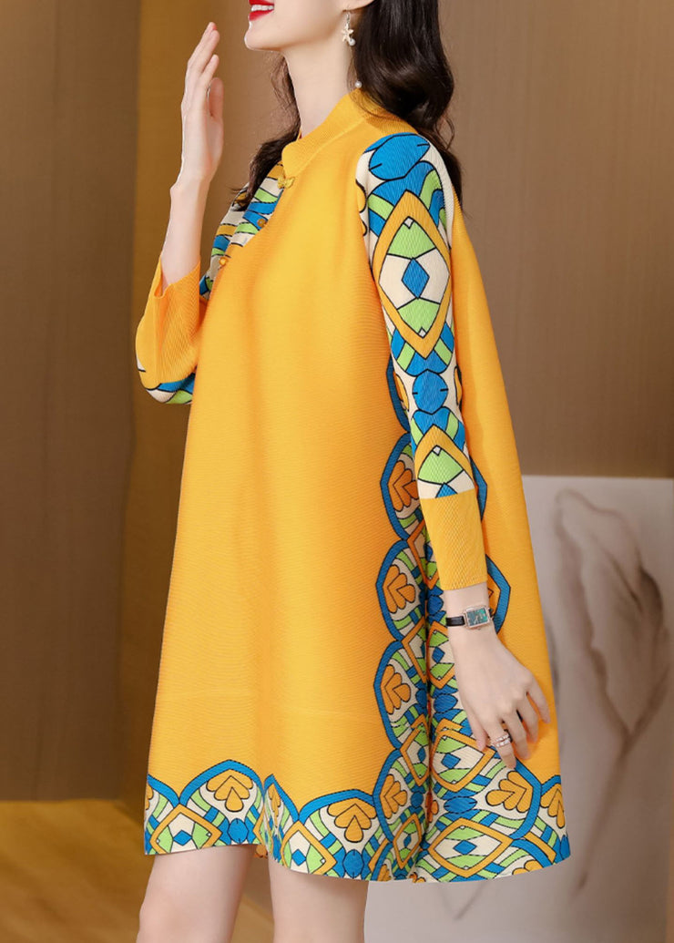 French Yellow Mandarin Collar Button Print Silk Cheongsam Dress Long Sleeve