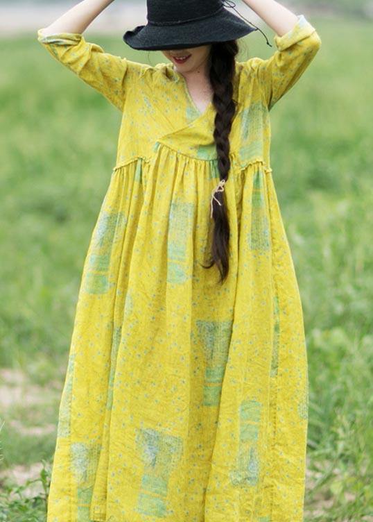 French Yellow Print Clothes Women V Neck Cinched Maxi Spring Dress - SooLinen