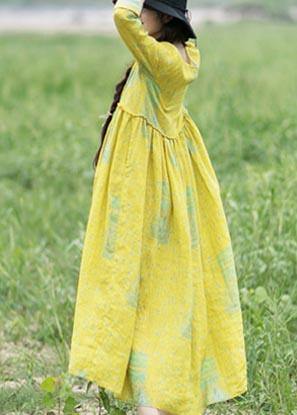 French Yellow Print Clothes Women V Neck Cinched Maxi Spring Dress - SooLinen