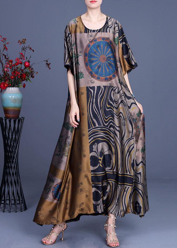 French Yellow Print Silk O-Neck Summer Long Dress - SooLinen