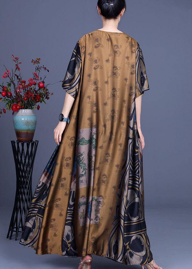 French Yellow Print Silk O-Neck Summer Long Dress - SooLinen