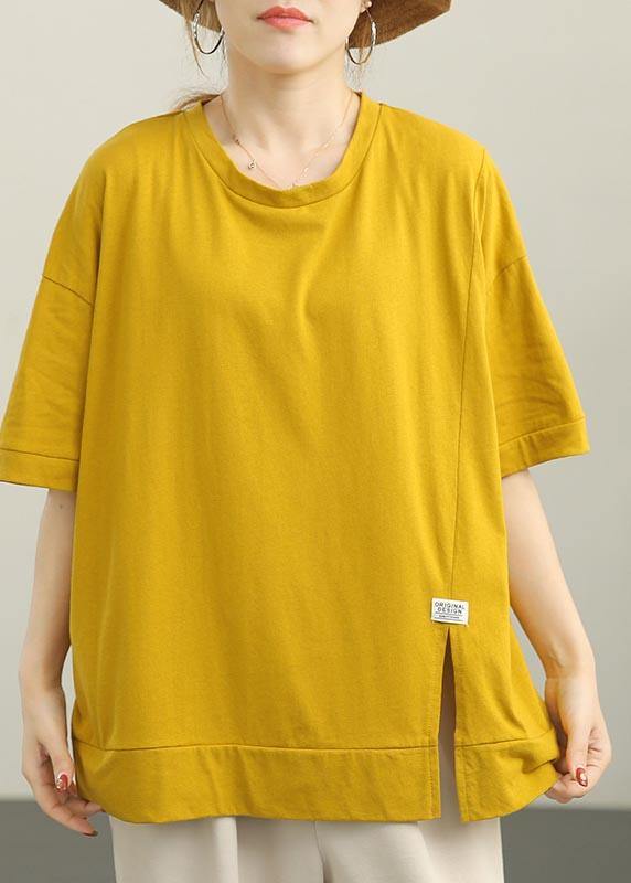 French Yellow short sleeve Cotton Summer Tops - SooLinen