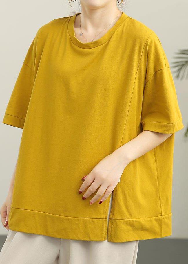 French Yellow short sleeve Cotton Summer Tops - SooLinen