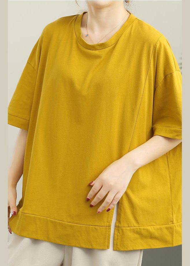 French Yellow short sleeve Cotton Summer Tops - SooLinen