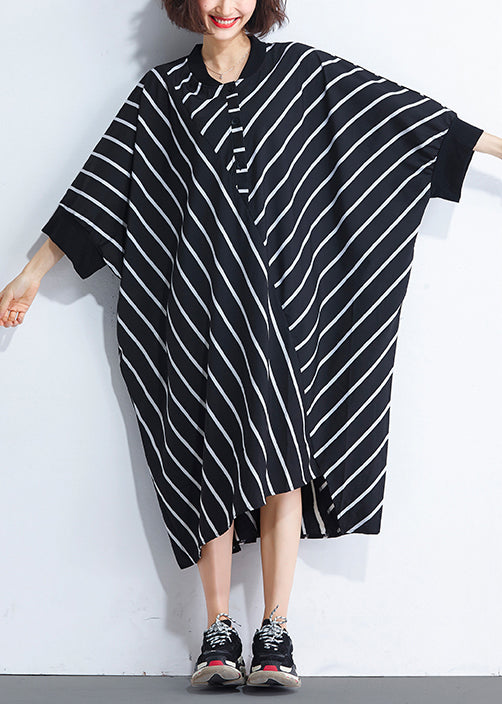 French asymmetric patchwork cotton dresses Women Sewing black striped cotton Dresses Summer