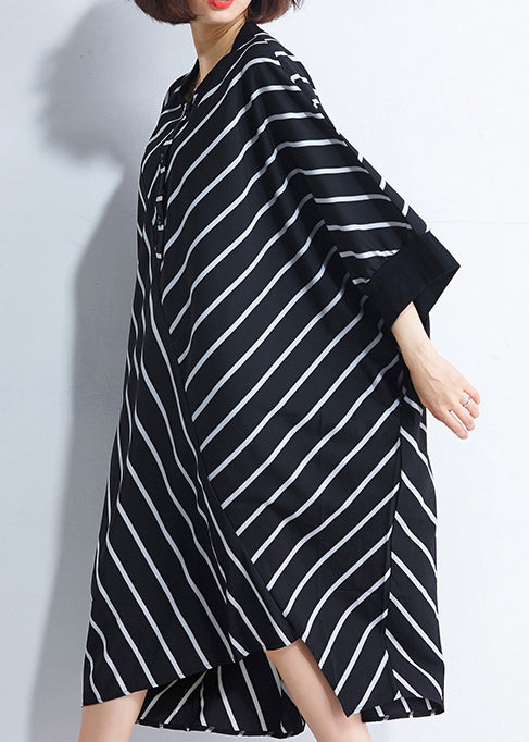 French asymmetric patchwork cotton dresses Women Sewing black striped cotton Dresses Summer