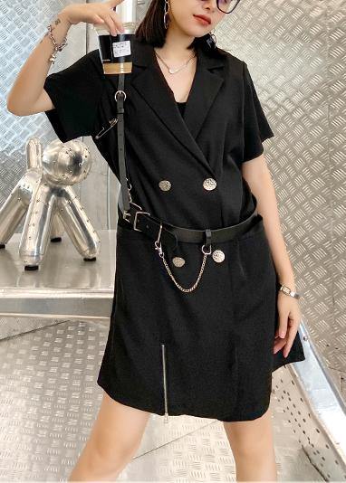 French black clothes For Women Notched Double row buttons Plus Size Dresses - SooLinen