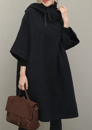 French black cotton Omychic Catwalk hooded Half sleeve Dresses