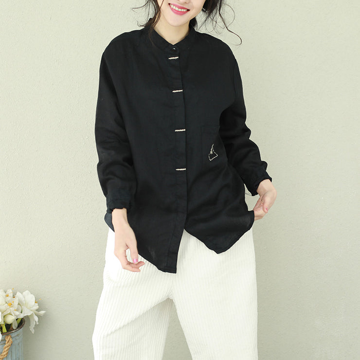 French black linen blouses for women Omychic Inspiration stand collar loose shirts