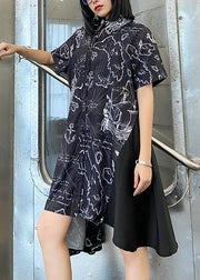 French black print clothes Women lapel asymmetric Plus Size summer Dress - SooLinen