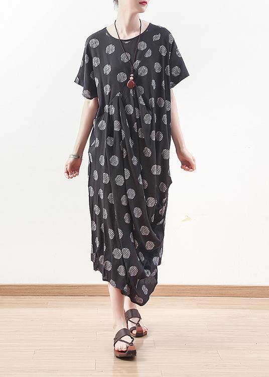 French black prints linen dress Casual Sewing draping long summer Dresses - SooLinen