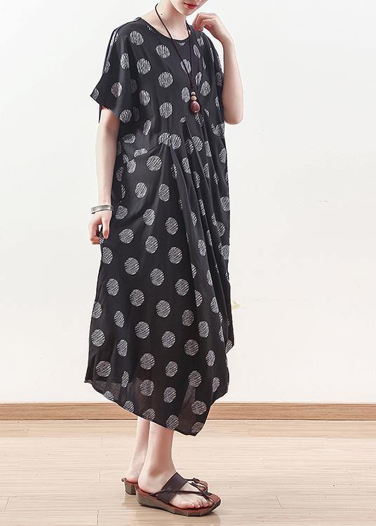 French black prints linen dress Casual Sewing draping long summer Dresses - SooLinen