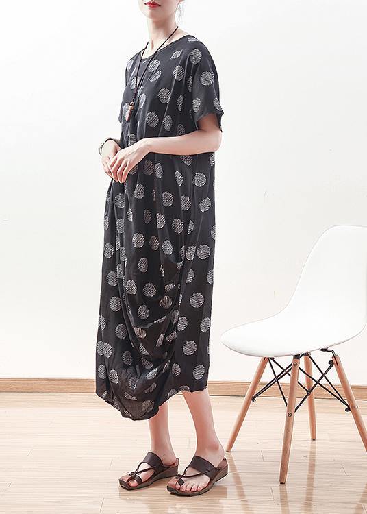 French black prints linen dress Casual Sewing draping long summer Dresses - SooLinen