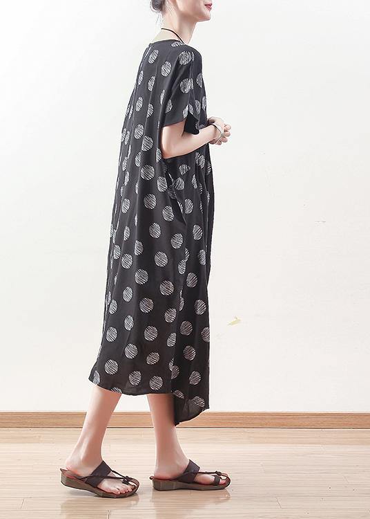 French black prints linen dress Casual Sewing draping long summer Dresses - SooLinen