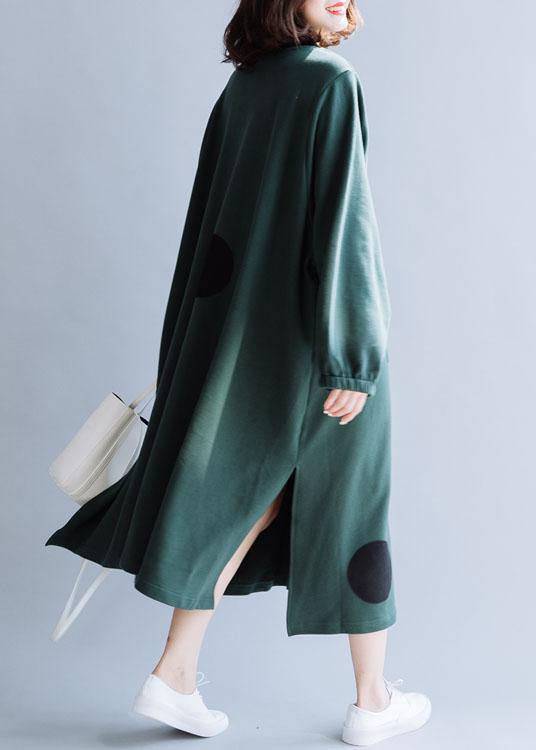 French blackish green cotton dresses patchwork pockets loose fall Dresses - SooLinen