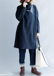 French blue Cotton Tunics high neck oversized fall Dress - SooLinen