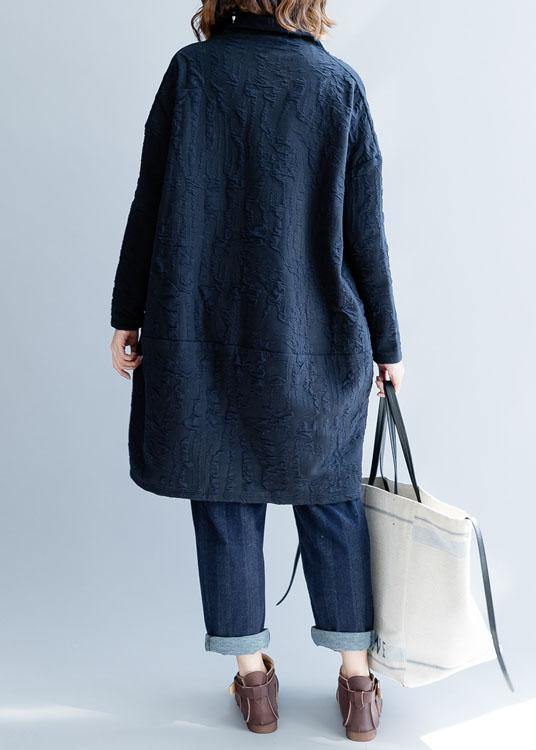 French blue Cotton Tunics high neck oversized fall Dress - SooLinen