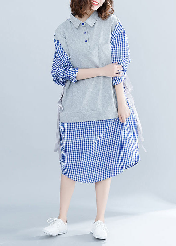 French Blue Plaid Cotton O Fashion Tutorials Stehkragen Krawatte Taille Baumwolle Sommerkleider