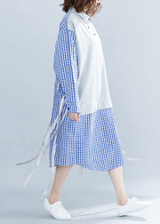 French Blue Plaid Cotton O fashion Tutorials Stand Collar Tie Waist Cotton Summer Dresses