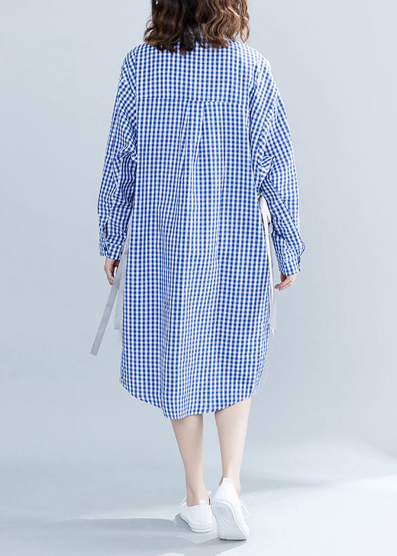 French Blue Plaid Cotton O Fashion Tutorials Stehkragen Krawatte Taille Baumwolle Sommerkleider