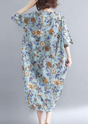 French blue floral cotton linen Soft Surroundings o neck Plus Size Clothing summer Dress - SooLinen