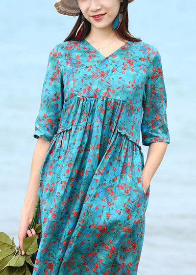 French blue floral linen clothes For Women patchwork long v neck Dresses - SooLinen