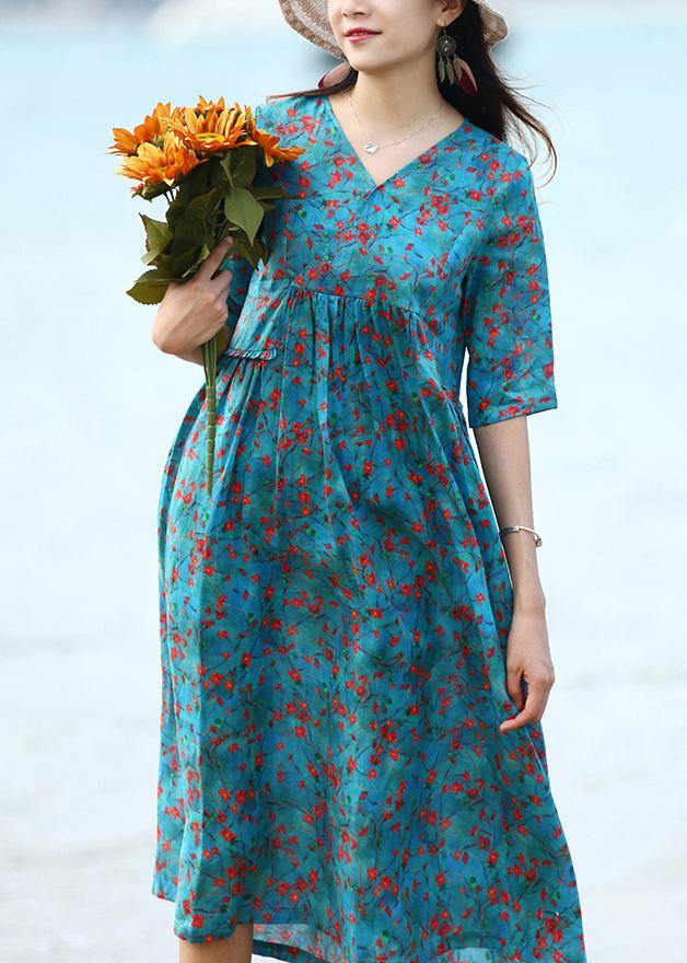 French blue floral linen clothes For Women patchwork long v neck Dresses - SooLinen