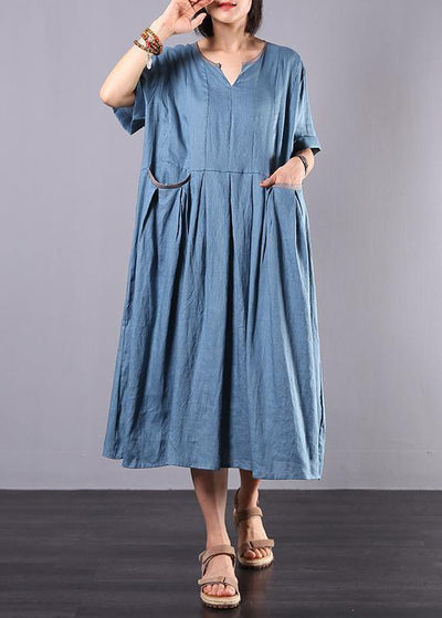 French blue linen clothes For Women big hem A Line summer Dress - SooLinen