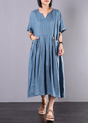 French blue linen clothes For Women big hem A Line summer Dress - SooLinen