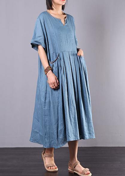 French blue linen clothes For Women big hem A Line summer Dress - SooLinen