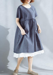 French blue o neck cotton clothes plaid ruffles Maxi summer Dresses - SooLinen