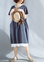 French blue o neck cotton clothes plaid ruffles Maxi summer Dresses - SooLinen