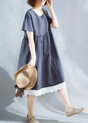 French blue o neck cotton clothes plaid ruffles Maxi summer Dresses - SooLinen