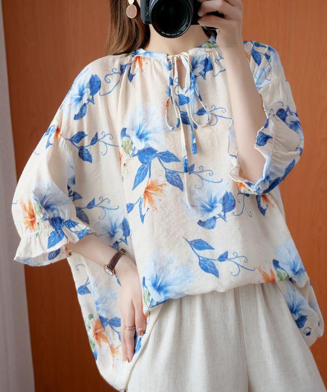 French blue print clothes o neck lantern sleeve Plus Size Clothing summer shirt - SooLinen