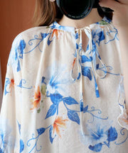 French blue print clothes o neck lantern sleeve Plus Size Clothing summer shirt - SooLinen