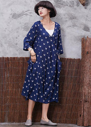 French blue prints v neck linen quilting clothes asymmetric tie cotton robes summer Dresses - SooLinen