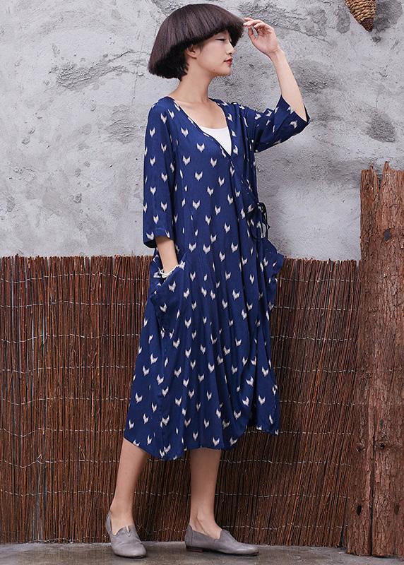 French blue prints v neck linen quilting clothes asymmetric tie cotton robes summer Dresses - SooLinen