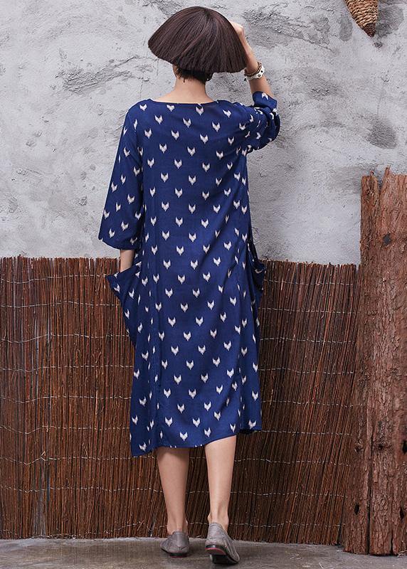 French blue prints v neck linen quilting clothes asymmetric tie cotton robes summer Dresses - SooLinen