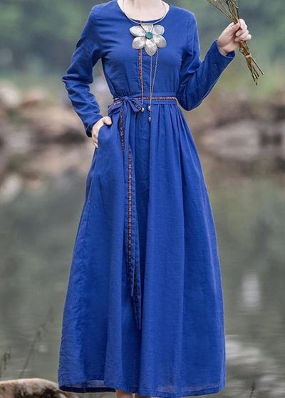 French blue Cinched dresses o neck tie waist robes Dresses - SooLinen