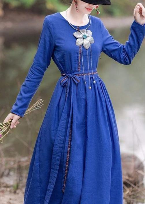 French blue Cinched dresses o neck tie waist robes Dresses - SooLinen