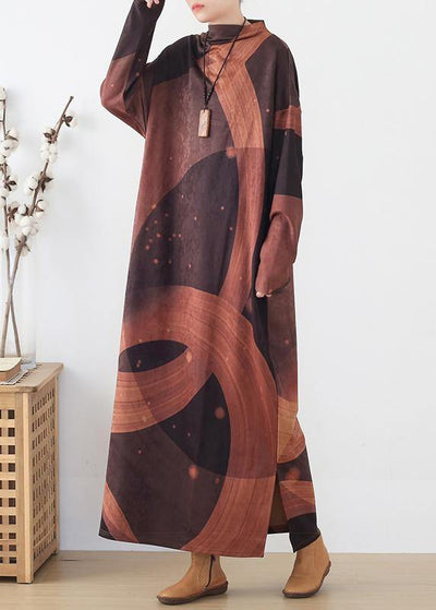 French brown priints cotton dresses loose waist  Art o neck Dress - SooLinen