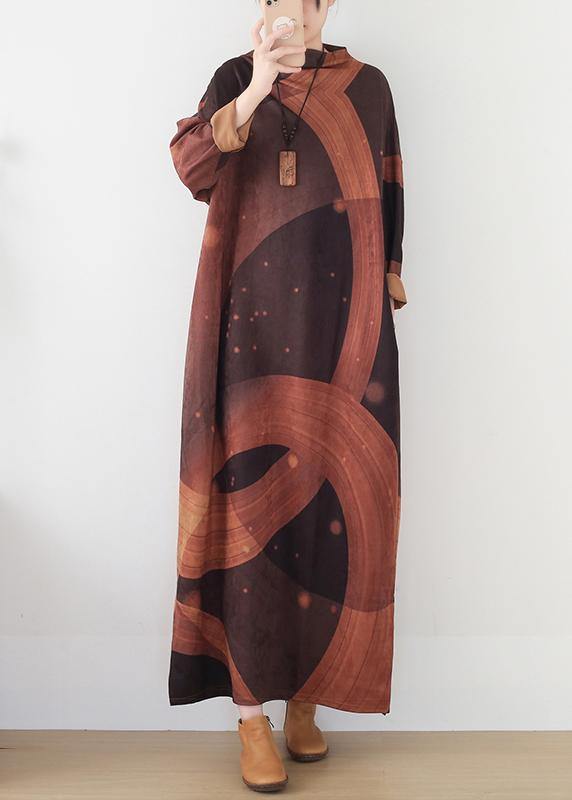 French brown priints cotton dresses loose waist  Art o neck Dress - SooLinen