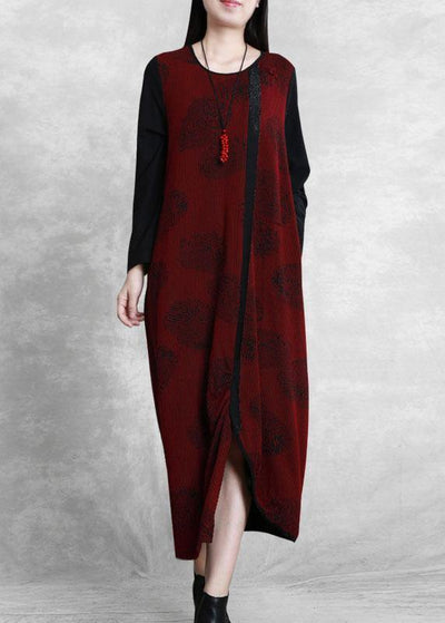 French burgundy Jacquard quilting clothes o neck patchwork Robe  Dresses - SooLinen