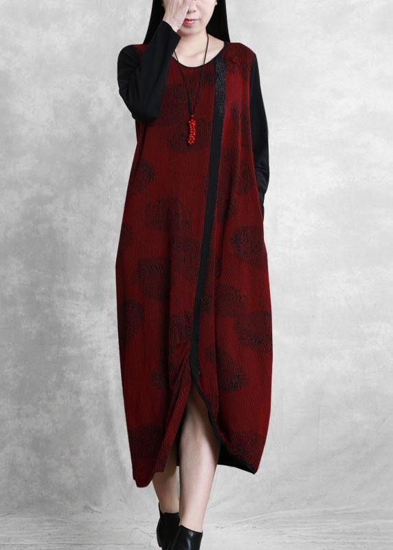 French burgundy Jacquard quilting clothes o neck patchwork Robe  Dresses - SooLinen