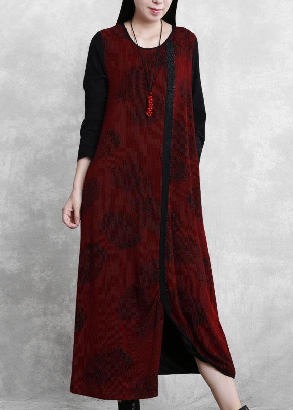 French burgundy Jacquard quilting clothes o neck patchwork Robe  Dresses - SooLinen