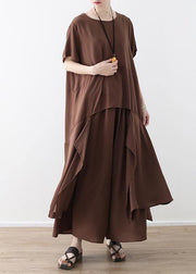 French chocolate Casual Catwalk asymmetric tops and wide leg pants loose Summer - SooLinen